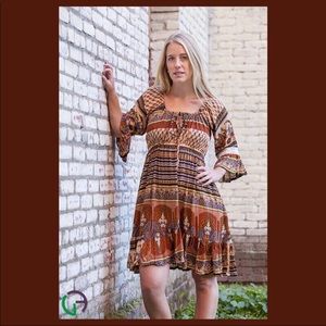Jayli Boho Indian Print Bell Sleeve Red Dress